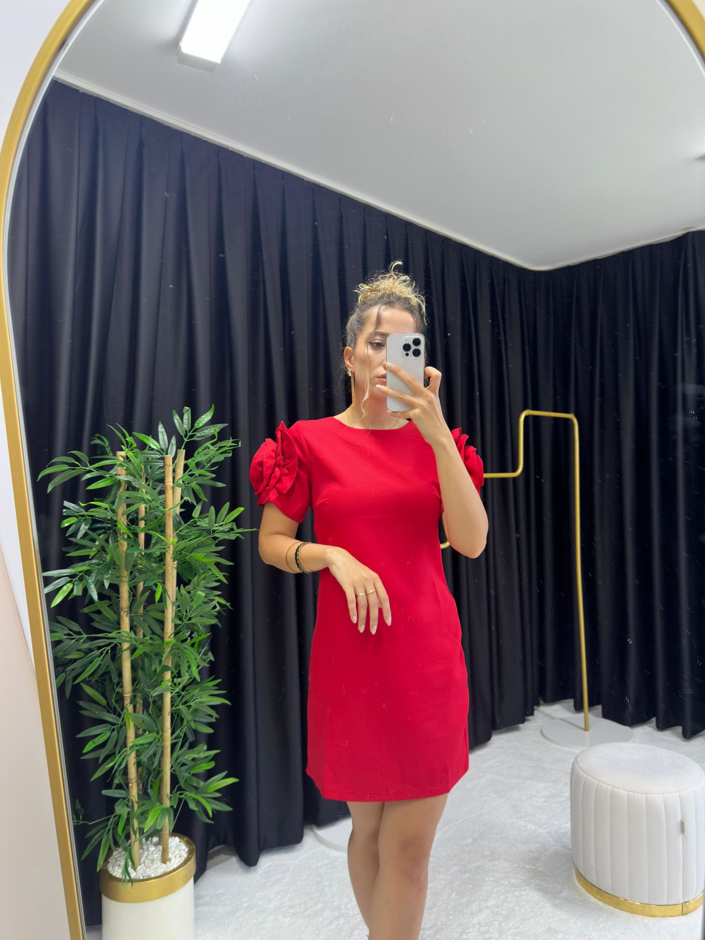 Kolları Gül Detaylı Şık Elbise