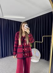 Bordo Triko Pantolon Hırka Takım